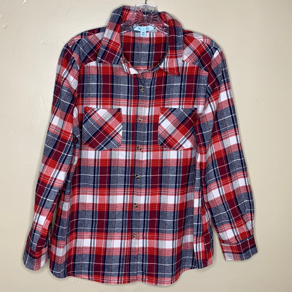 She + Sky Shirt Red, White, & Cream  Classic Flannel Button Down Cowgirl Medium